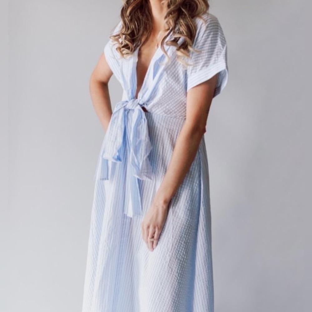 Anthropologie Mable Women Midi Dress Small Blue Dolman Stripe Crinkle Casual - Picture 3 of 17